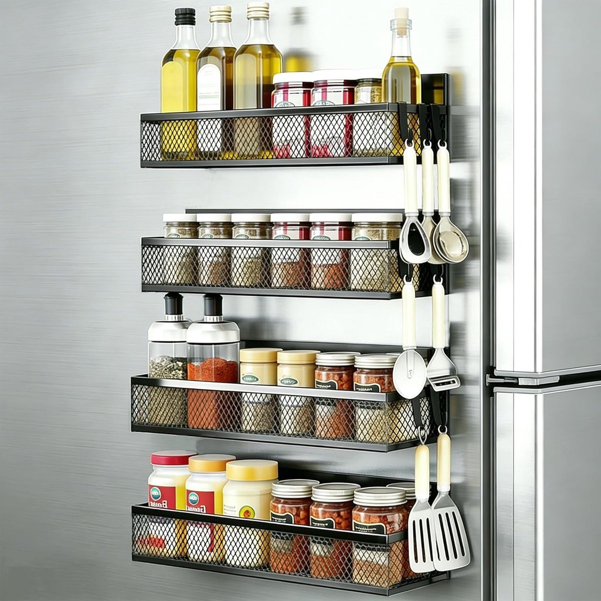 Set van 4 Magnetische Specerijenrekken (2 Groot + 2 Medium), Sterke Keuken Organizer zonder Boren, Ideaal voor Koelkast, Magnetron en Muurgebruik