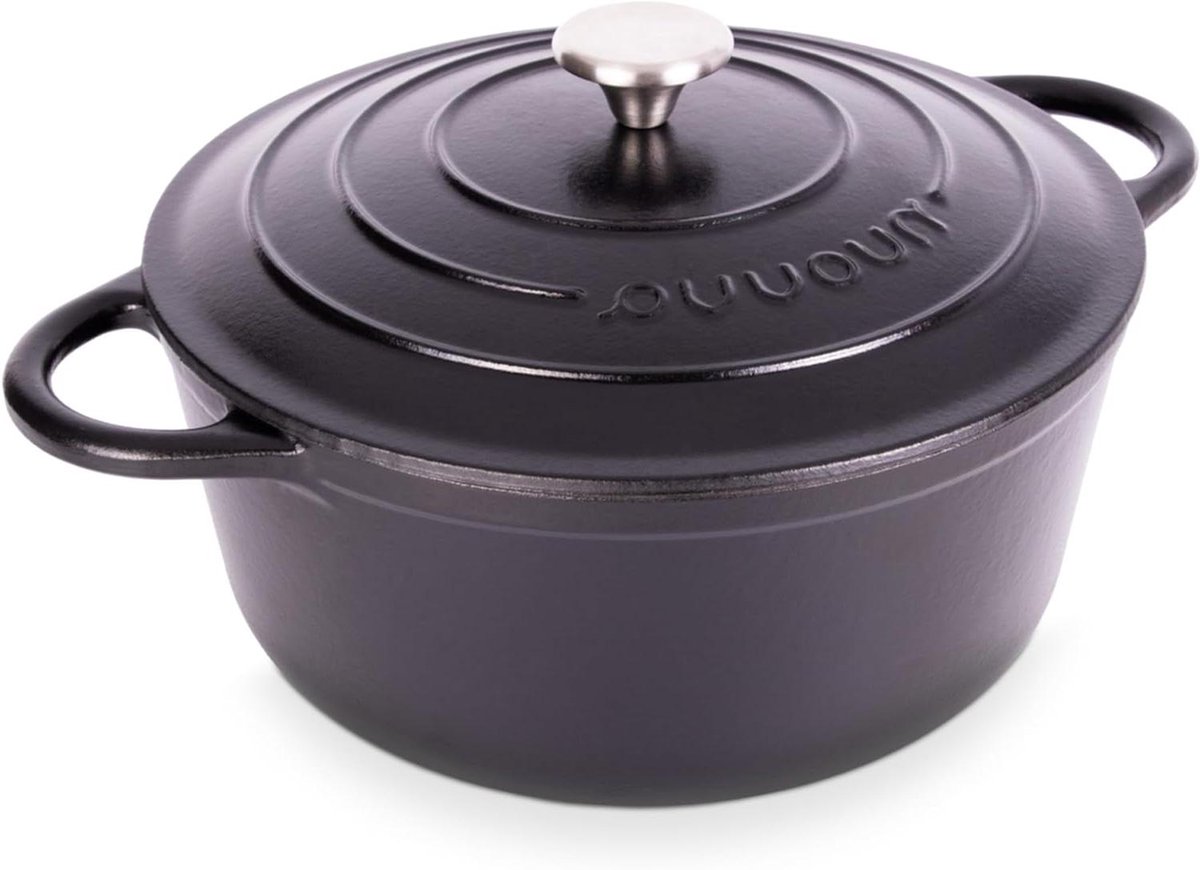 Gietijzeren Pot - Braadpan Deksel - Langzaam Koken - Geëmailleerde Afwerking - 6.4 Liter - Zwart