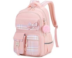 Schoolrugzak meisjes kinderrugzak, waterdichte rugzak tiener dagrugzak, Kawaii ruitenschooltas voor meisjes van 9-16 jaar met trolleyband