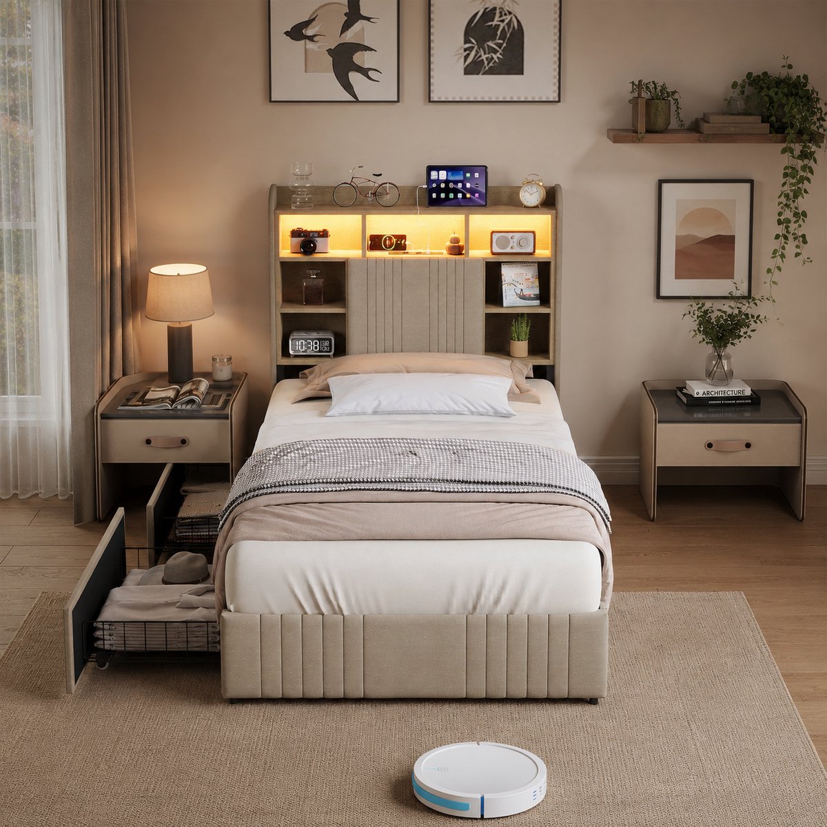 Opbergbed 90x200cm, met twee lades en wielen, USB-oplaadpoort en LED-verlichting, gestoffeerd bed met opbergbaar hoofdeinde, eenpersoonsbed, tienerbed, kinderbed, lattenbodem, Linnen, Beige
