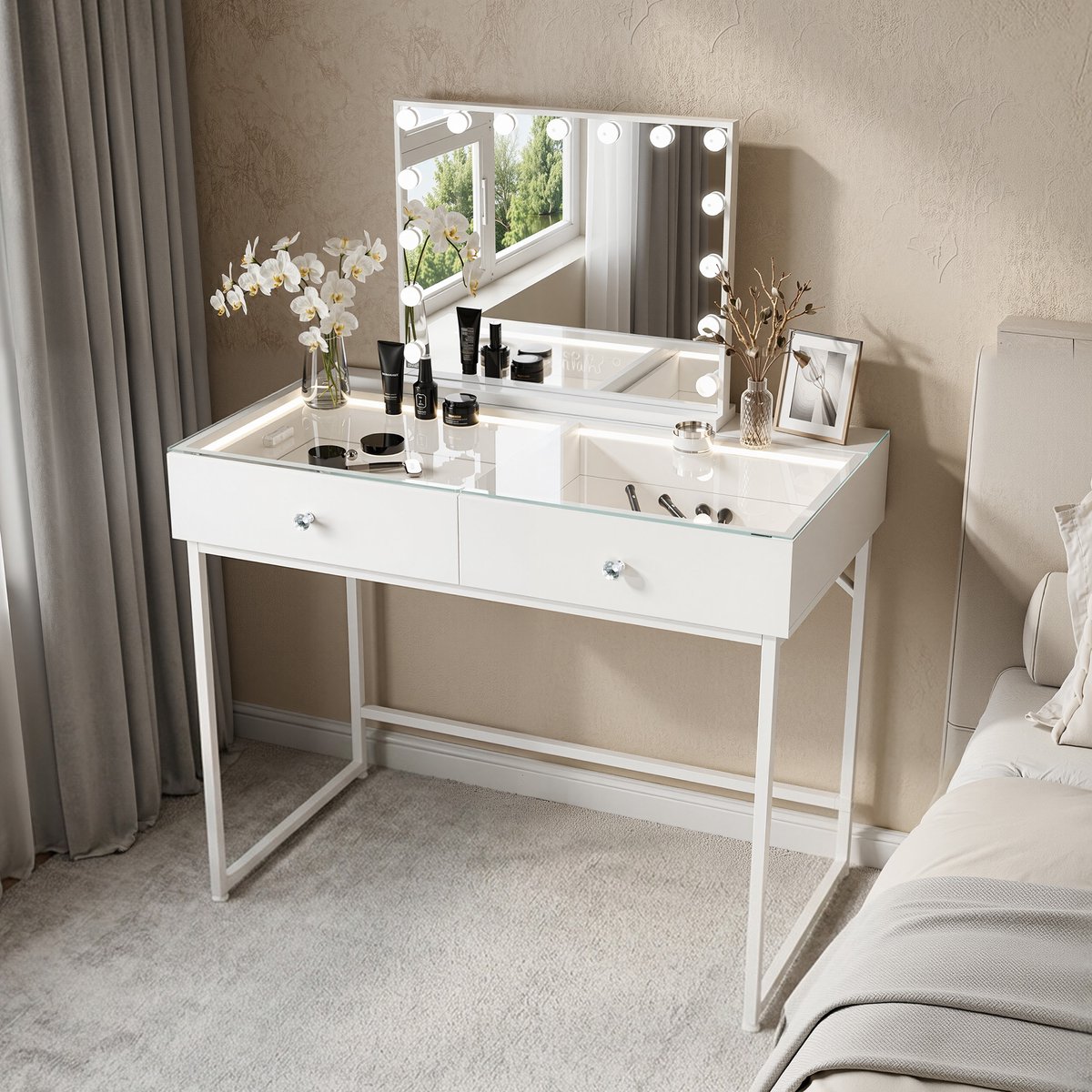 VANITII GLOBAL Kaptafel met LED Spiegel 2 Lades Wit 100 x 55 x 127 cm