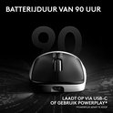 Witte gamingmuis met zwarte knoppen en scrollwiel, met de tekst 'Batterijduur van 90 uur' en 'Laadt op via USB-C of gebruik POWERPLAY'.