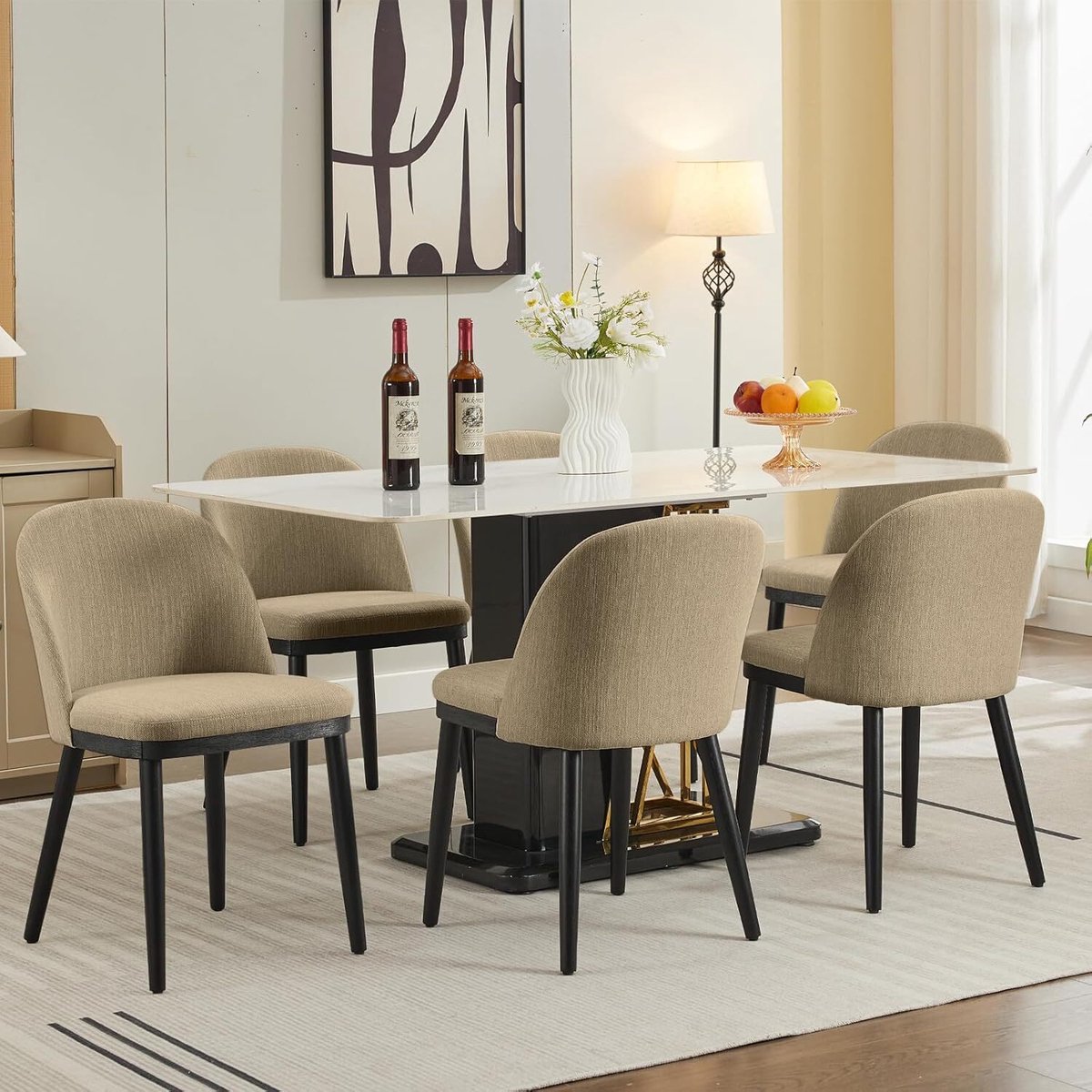 HOERFURIY Moderne Eetkamerstoelen Set van 6 - Linnen Bekleding met Houten Poten - Ergonomische Rugleuning & Dik Kussen - Verstelbare Poten - Camel