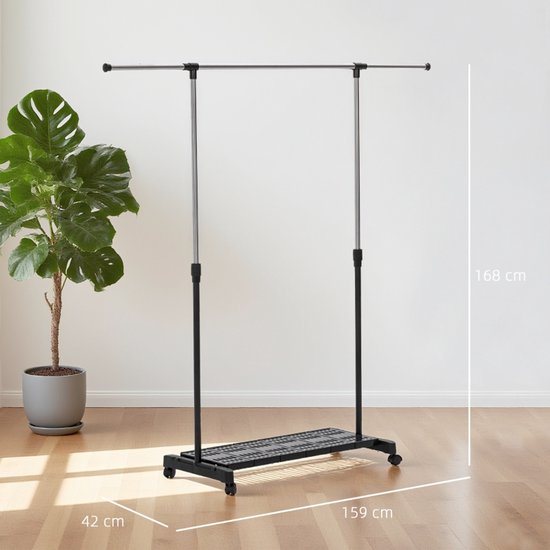 Uitschuifbaar droogrek met wieltjes, roestvrijstalen rail en schoenenrek, 159 x 42 x 168 cm, zwart en zilver — afbeelding 4