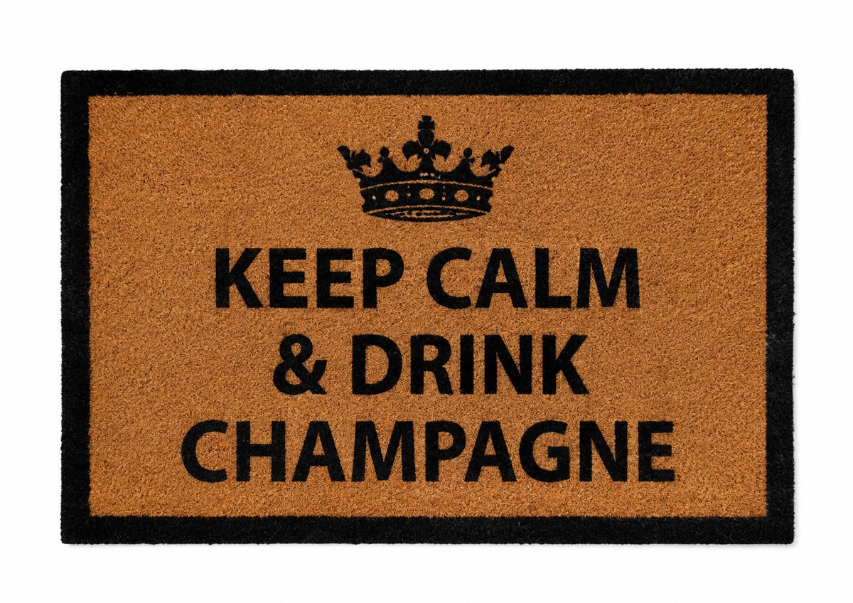 HEM Deurmat Keep Calm & Drink Champagne – Kokosmat 59x39 cm – Antislip PVC Onderzijde – Champagne Design – Entree Mat – Inclusief HEM Microvezeldoekje Bruin