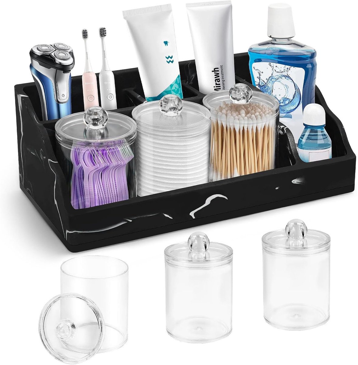 Hars Badkamer Tandenborstelhouder - Multifunctionele Organizer - Badkamer Opbergrek - Zwart met 3 Transparante Potjes met Deksel