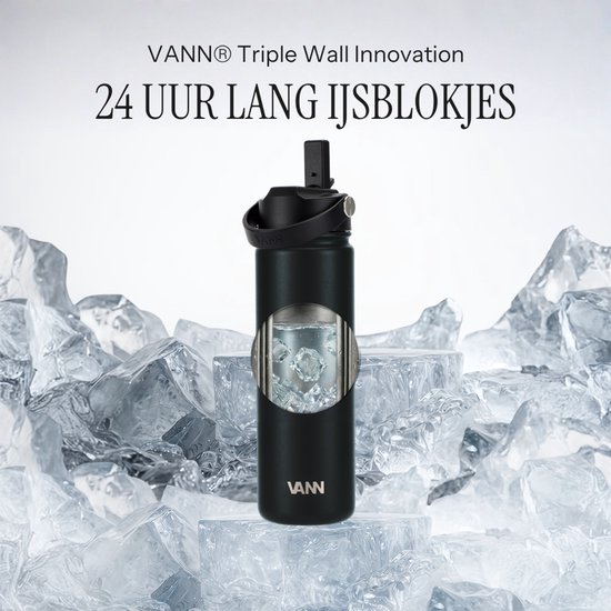 VANN® 3-Wandige RVS Drinkfles 650 ML met rietje voor volwassenen – Met 5 accessoires – Thermosfles – 24 uur koud/12 uur warm – Satin Noir – VANN Ultimate Bottle®