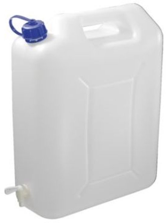 Witte jerrycan van 20 liter met blauwe dop en kraantje.