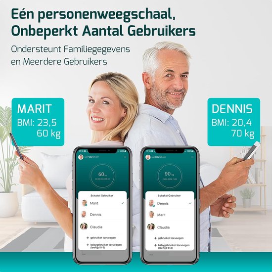 Een ouder stel lachend naar de camera, met smartphones die de FITAGE app tonen voor de profielen Marit (BMI 23.5, 60 kg) en Dennis (BMI 20.4, 70 kg).