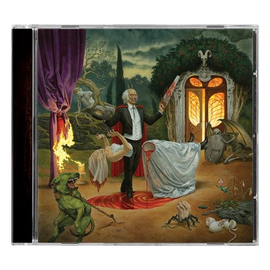 CD-hoes met een duistere, surrealistische scène: een man met een mes, een zwevende vrouw, een groene hond en een duivels hek.