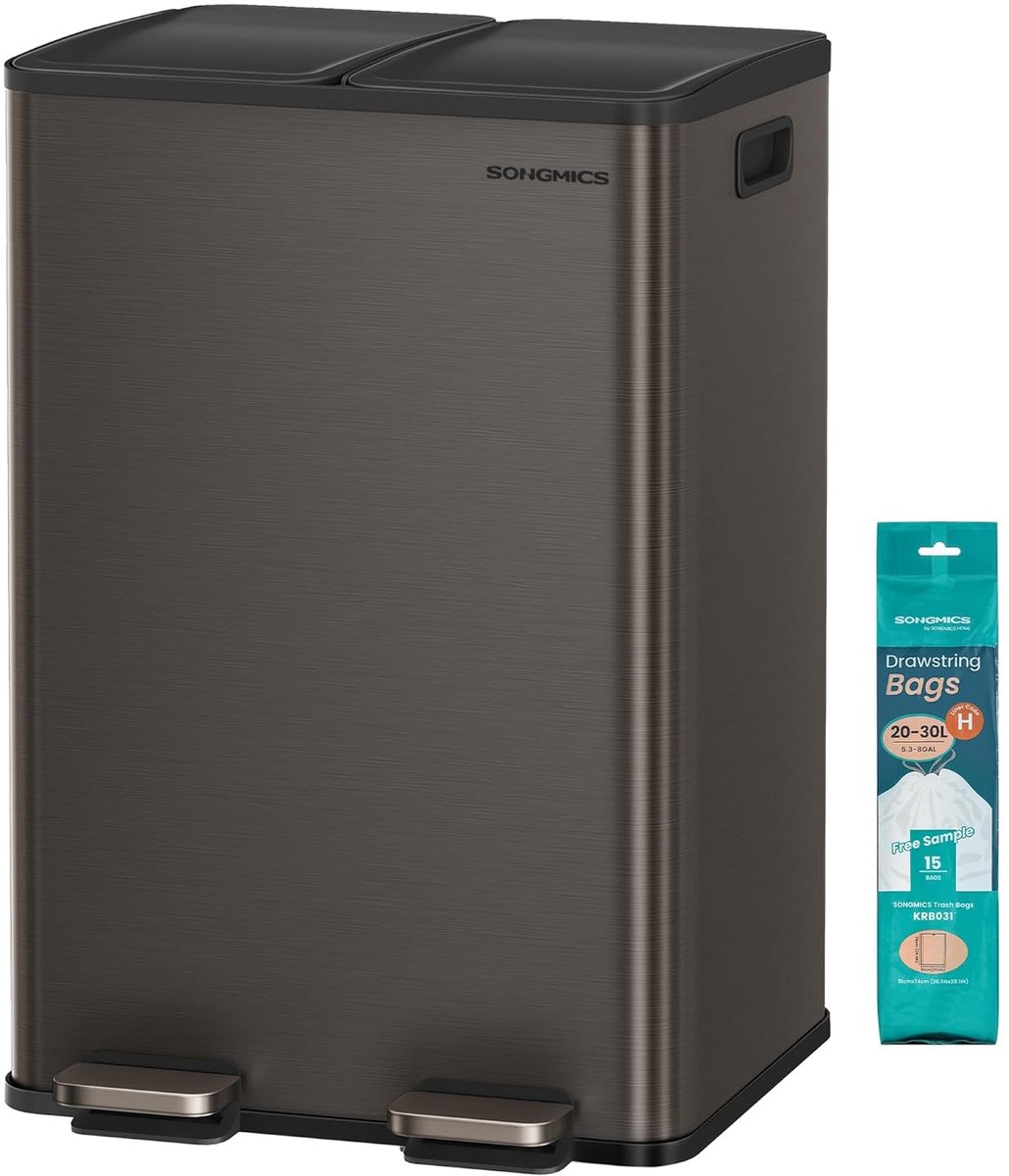 FurnStar Vuilnisemmer – Pedaalemmer met 2 vakken – 2 x 30 liter – Softclose deksel – Uitneembare binnenemmers – Inclusief 15 vuilniszakken – Leigrijs