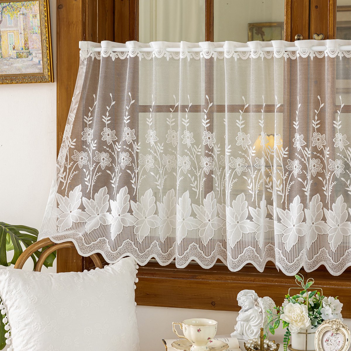 VHV Gordijnen - Vitrage - Valletje - Set van 2 - Kant - Geborduurd - Landelijk - Voor keuken en woonkamer - Lichtdoorlatend - 140*70cm - Stijl 1 - Wit