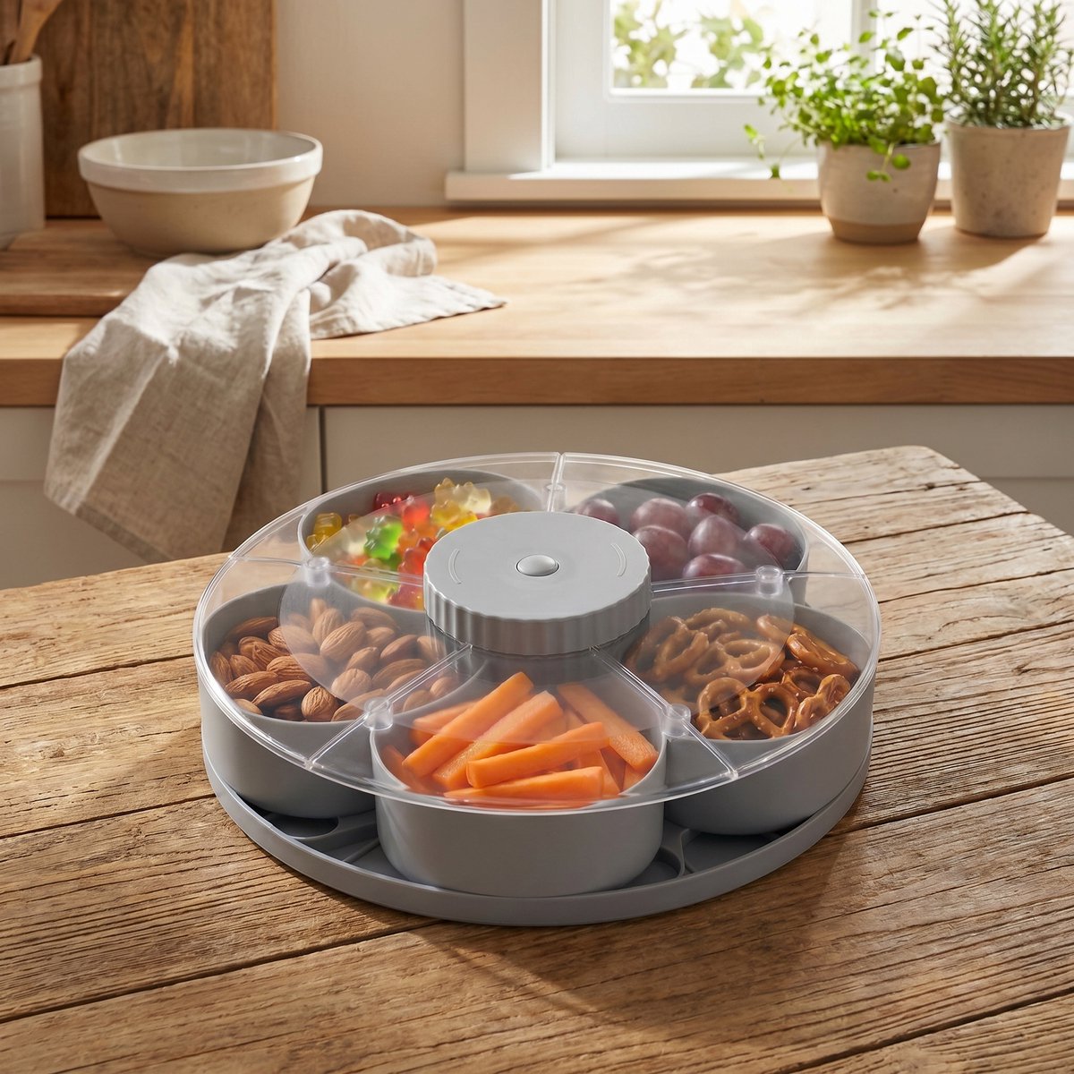 Draaibare snackorganizer met deksel - 5 vakken - Herbruikbaar - Fruitschaal met vakken - Snackschaal - Draaibare voedselschaal - Voor feestjes, picknicks en filmavonden - grijs