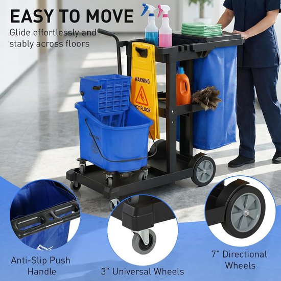Reinigingswagen met niveaus - Dweilwagen met pers - Efficiënt schoonmaken - Geïntegreerd afvalbeheer - 70 liter zak - Blauw — afbeelding 2
