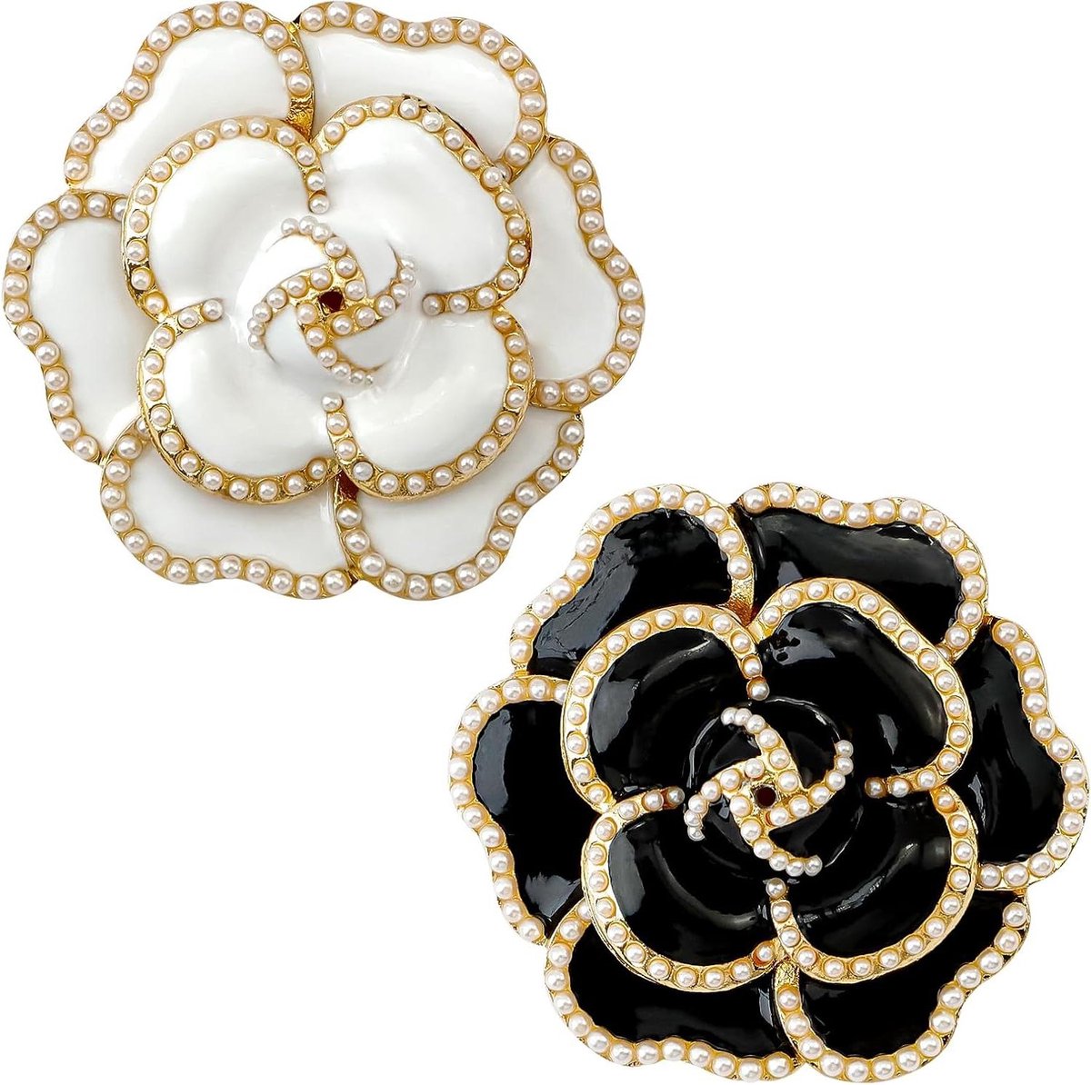 Bloemen Broche - Parels Speld - Feestelijke Accessoire - Elegant Emaille Design - 2 Stuks - Wit Zwart