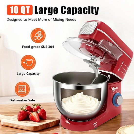 Keukenmixer - Bakmachine - Thuis bakken - 1400W motor - 10 liter kom - Rood — afbeelding 2