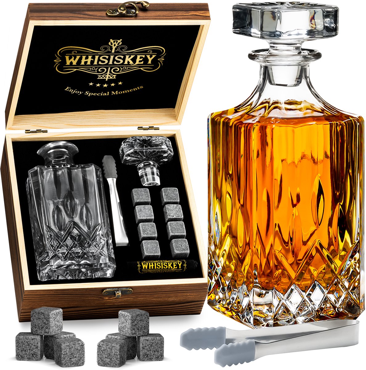 Whisiskey Whiskey Karaf - Luxe Whisky Karaf Set - 500 ml - Decanteer karaf - Whiskey Set - Incl. 8 Whiskey Stones & Extra Accessoires