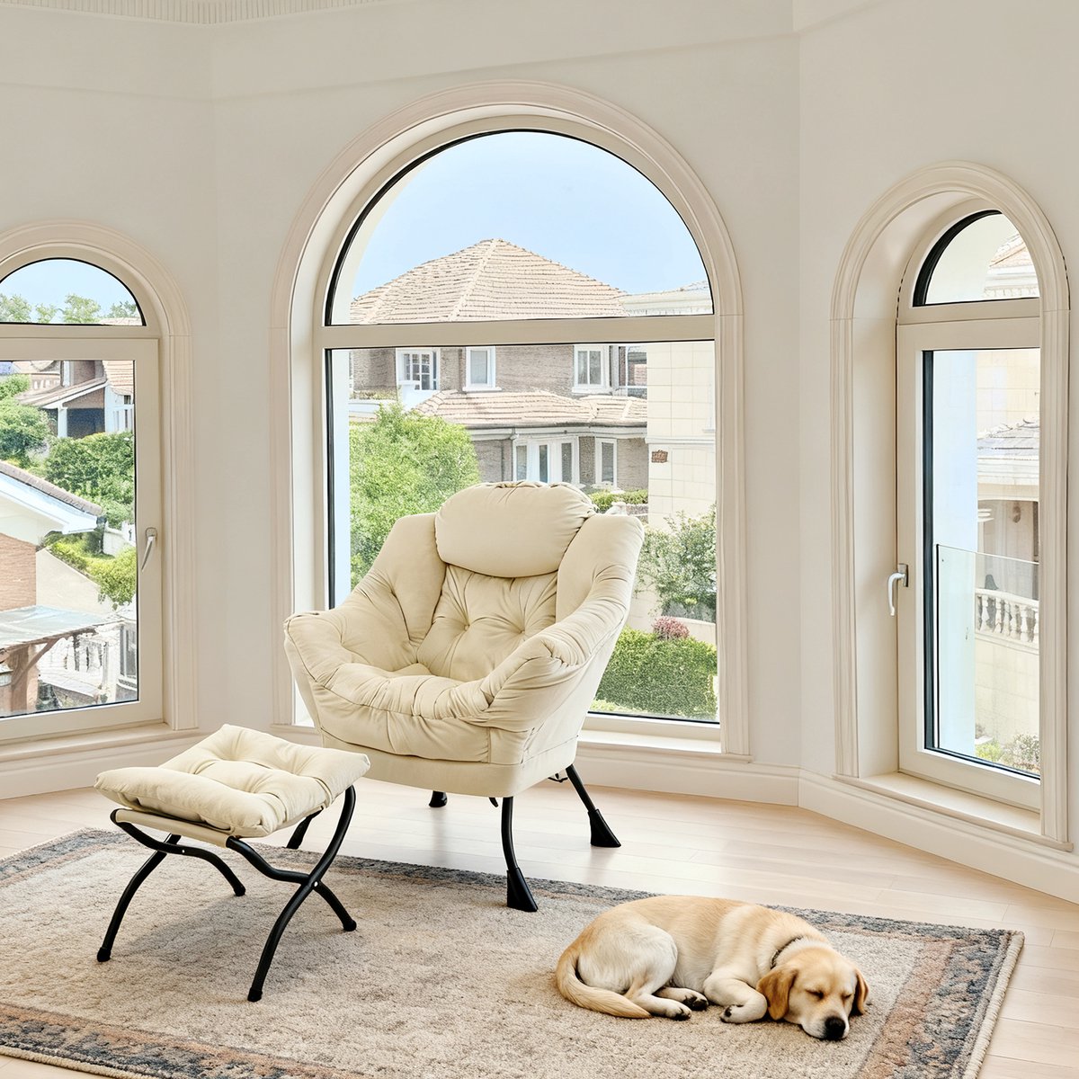 FloraGrace Fauteuil Met Hocker - Relaxstoel Met Armleuningen En Zijvak - Voor Woonkamer Of Slaapkamer - Metaal - Beige