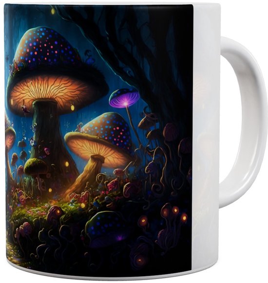 Gloeiende paddenstoelen met stippen en kleine wezentjes, met een donkere bosachtergrond.