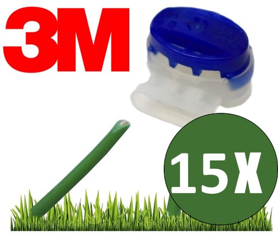 Connecteur de câble 3M bleu et blanc à côté d'un fil vert. "3M" et "15X" sont visibles.