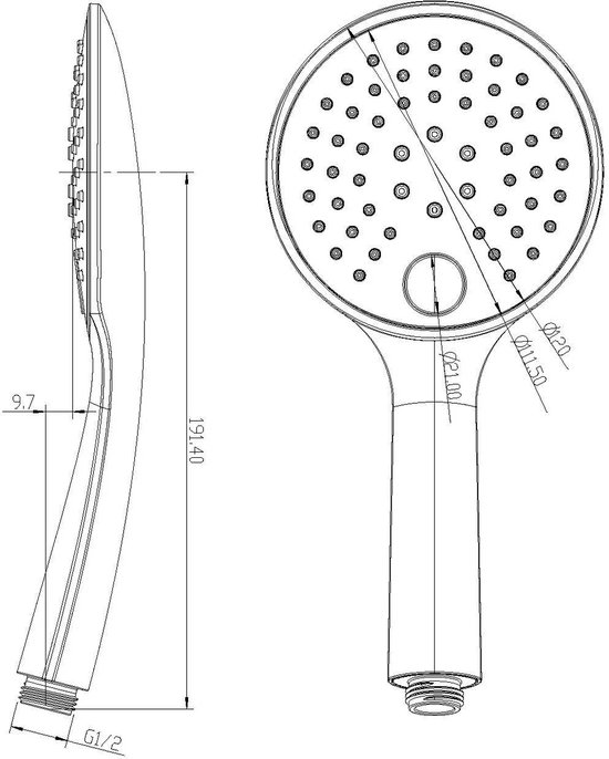Technische tekening van een handdouche.