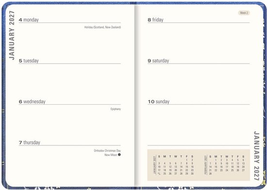 Binnenkant van de agenda met een weekoverzicht voor januari 2027, inclusief datums en evenementen.
