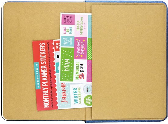 Open agenda met maandelijkse plannerstickers voor januari, mei en andere feestdagen.
