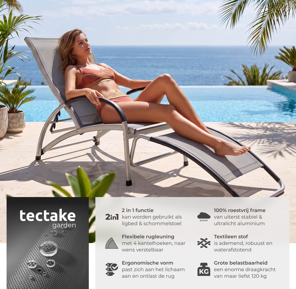 tectake Ligbed Avignon - 2-in-1 verstelbare ligstoel