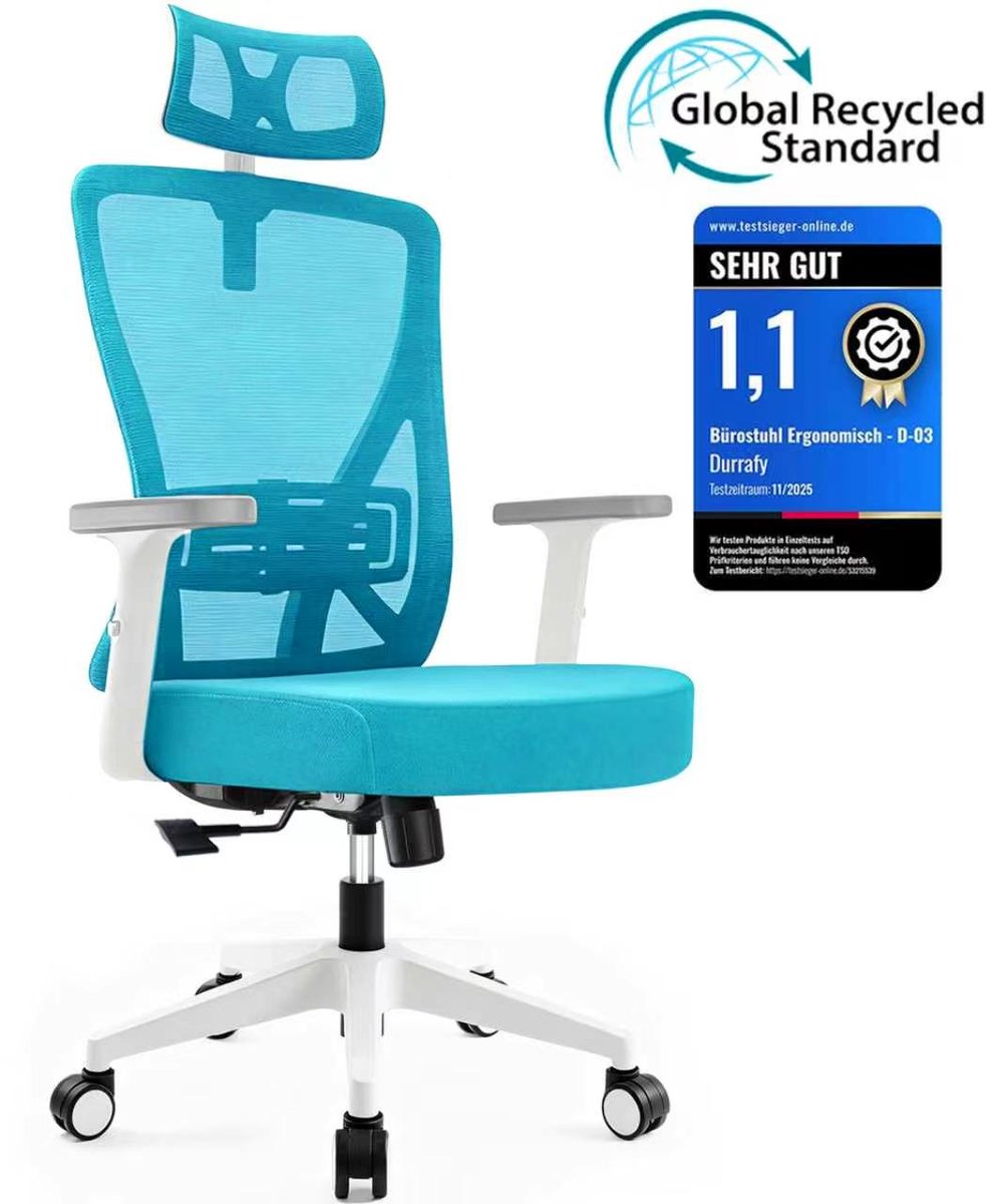 Durrafy® Ergonomische Bureaustoel - Bureaustoel - Office Chair - Bureaustoelen voor Volwassenen met Verstelbare Armleuningen & Hoofdsteun - Verstelbare Lendensteun (±6 cm) - Computerstoel met 90°-135° Kantelbare Rugleuning - Max. 155 kg - blauw