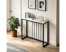 FATIVO Consoletafel marmer- Haltafel - Wandtafel - Sidetable - Smaragdwit - 80x30x78.5 cm (L x B x H) - Scandinavisch - Bijzettafel met Zwart metalen frame - voor woonkamer, Hal, entree