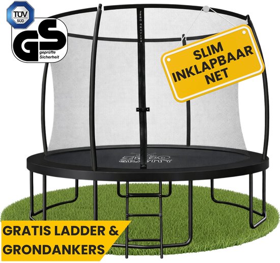 Zwarte ronde trampoline met veiligheidsnet en ladder. "Slim inklapbaar net" staat op een bord.