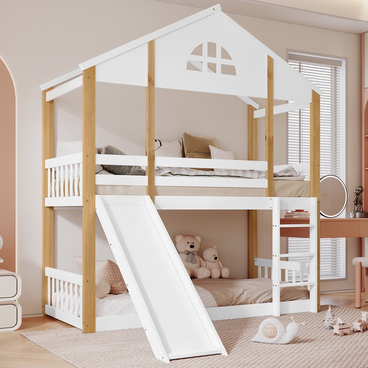 HAUSS SPOLE Stapelbed 90x200 cm - Kinderbed Met Glijbaan En Trap - Zonder Matras - Massief Hout En MDF - Wit Naturel
