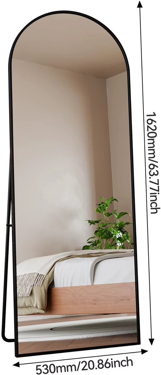 JOYNEXTBUY Staande Spiegel - Vrijstaande Spiegel - Gebogen Spiegel - Vloerspiegel - 162 cm x 63 cm - Aluminium Frame - Zwart