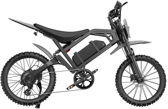 Zwarte elektrische crossfiets met gedetailleerd frame, accu, vering en off-road banden.