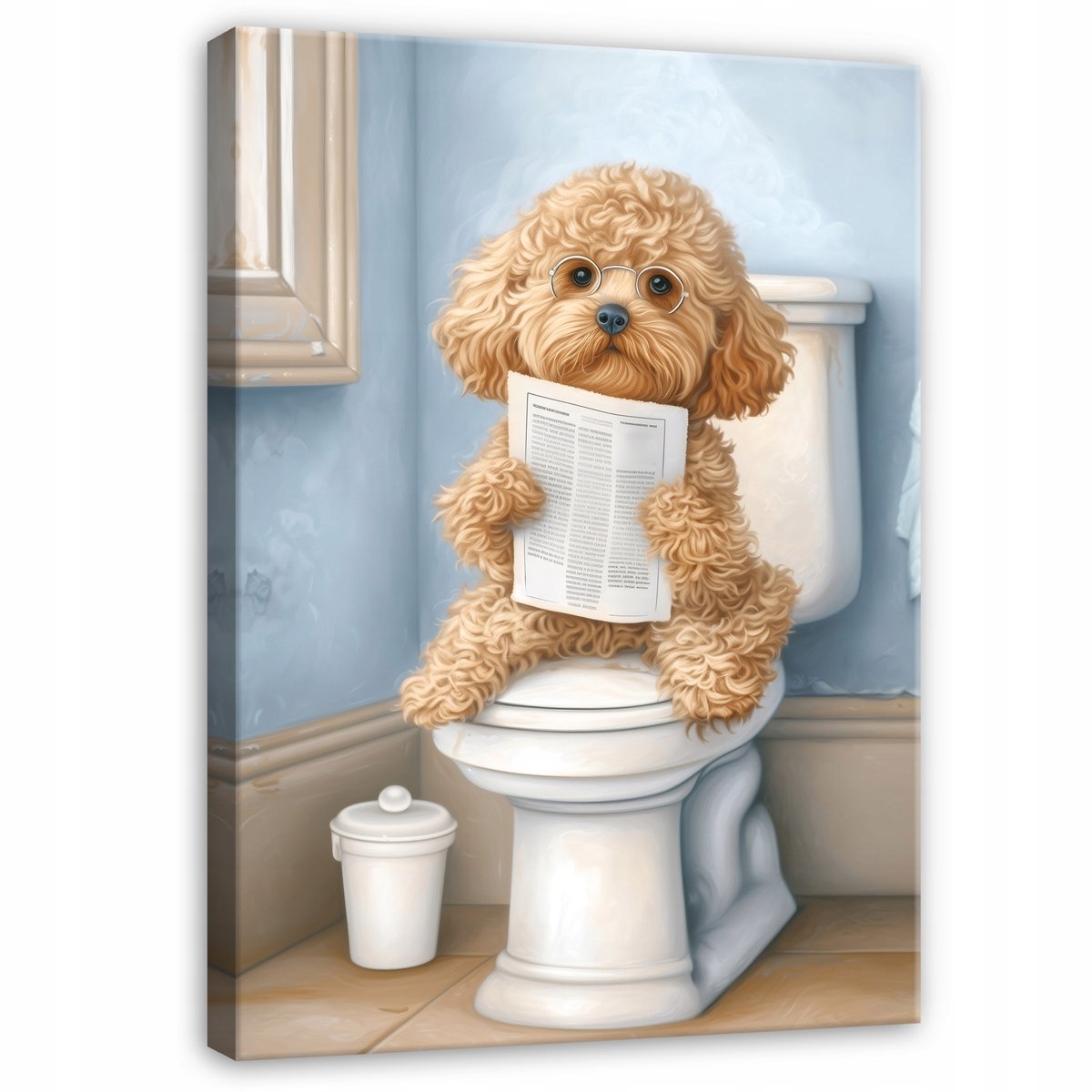 WALLARENA Schilderij op canvas - 90x60 cm - grappige hond op toilet met krant - badkamer wanddecoratie en toilet decoratie Veelkleurig