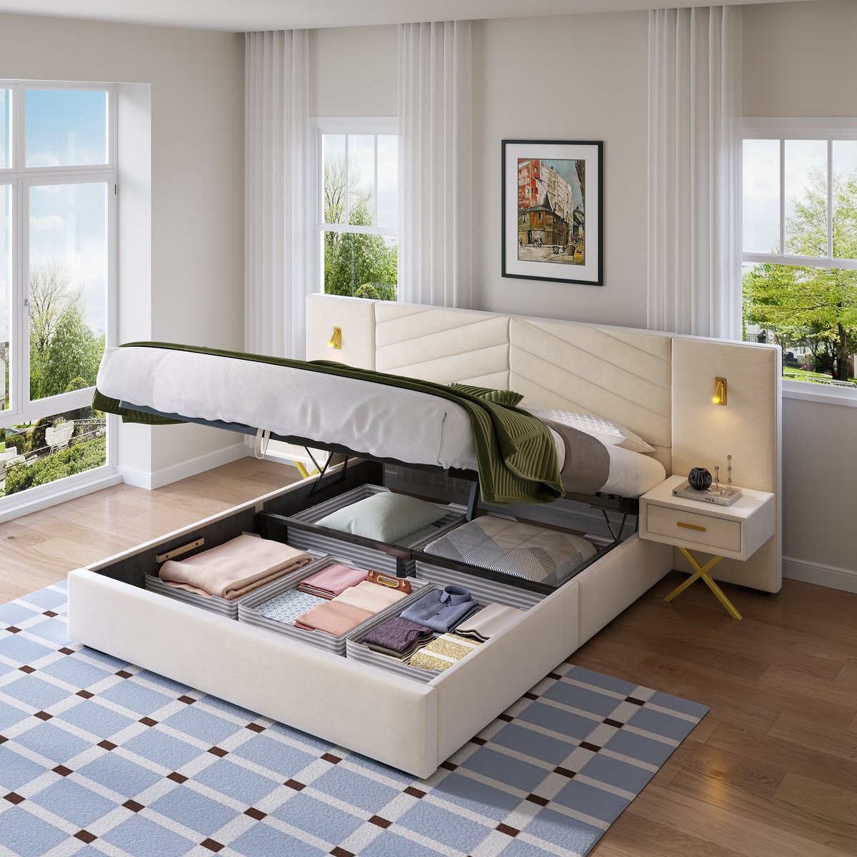 HAUSS SPOLE Bedframe Met Opbergruimte - Gaslift En Zwevend Nachtkastjes - Voor Slaapkamer - Hout En Fluweel - Beigewit