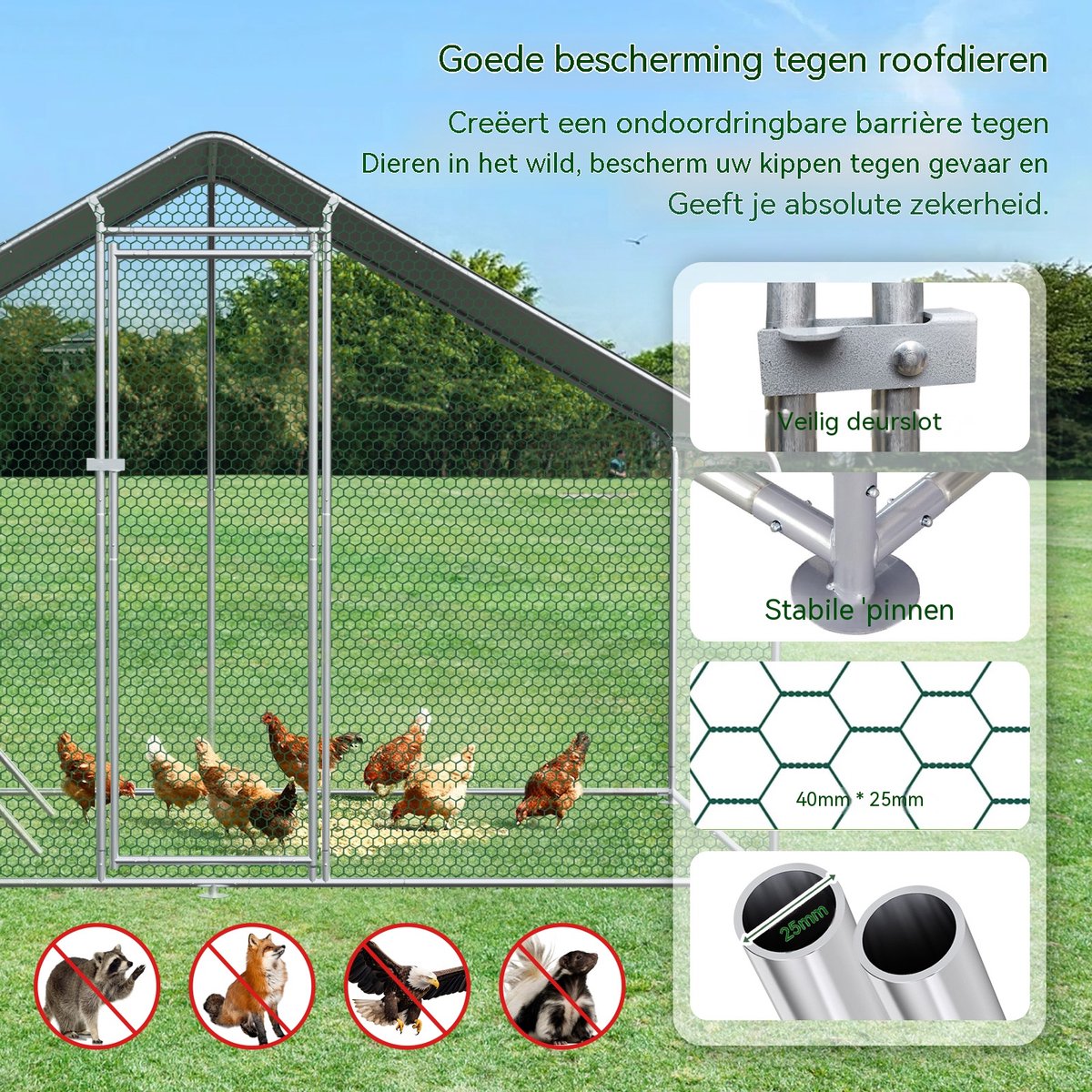 Kippenren - kippenhok metaal - Kippenverblijf - Verzinkt Metaal - Waterdicht Dak - Veiligheidsslot - Tuin - 300x400x200cm - Inloopren - Zilver thumbnail 3
