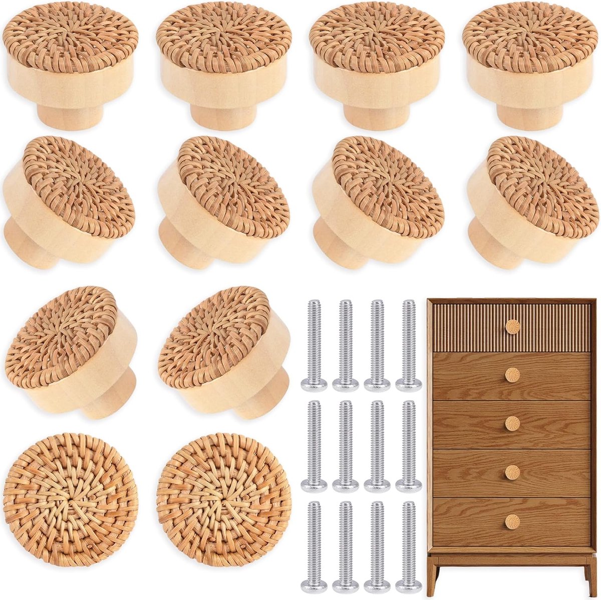 Meubelknoppen Set - Rotan Kastknoppen Houten Handgrepen - 12 Stuks 4 cm - Boho Vintage Design - Voor Keuken Kasten Lades - Natuurlijk Bruin