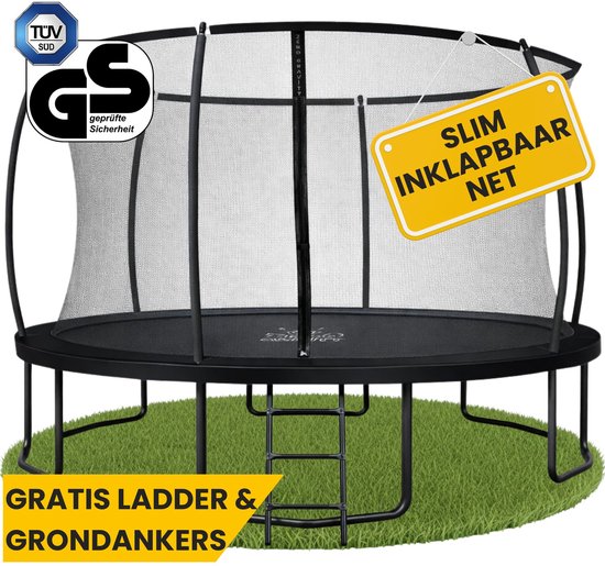Een zwarte ronde trampoline met veiligheidsnet op gras. Tekst: 'GRATIS LADDER & GRONDANKERS' en 'SLIM INKLAPBAAR NET'.