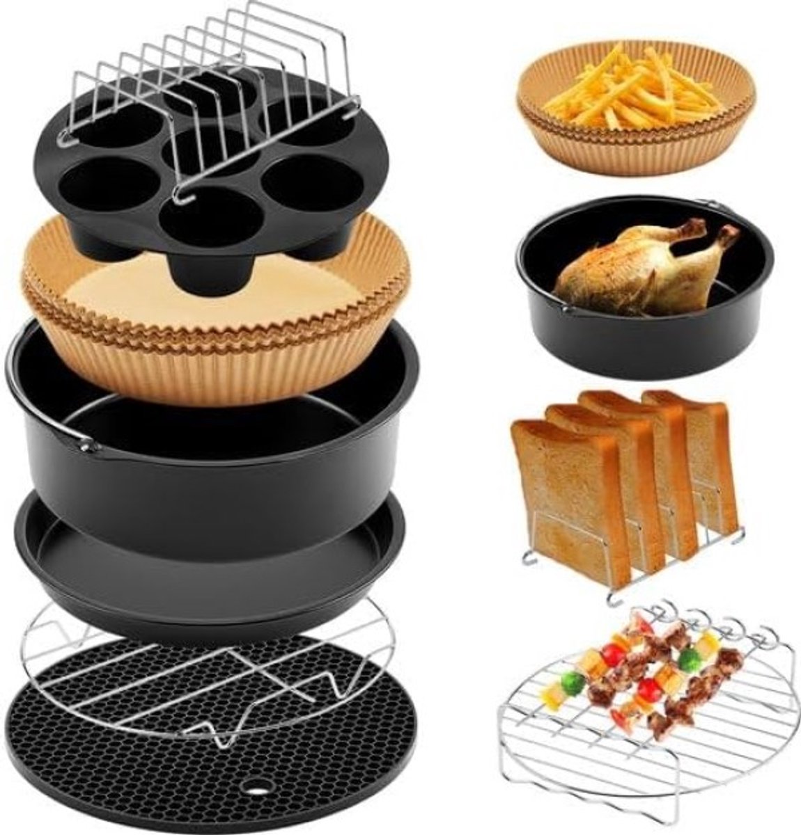 Airfryer Accessoireset 8-delig, RVS, Zwart