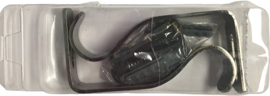 Set van twee donkergrijze, gebogen metalen ophanghaken in plastic verpakking.