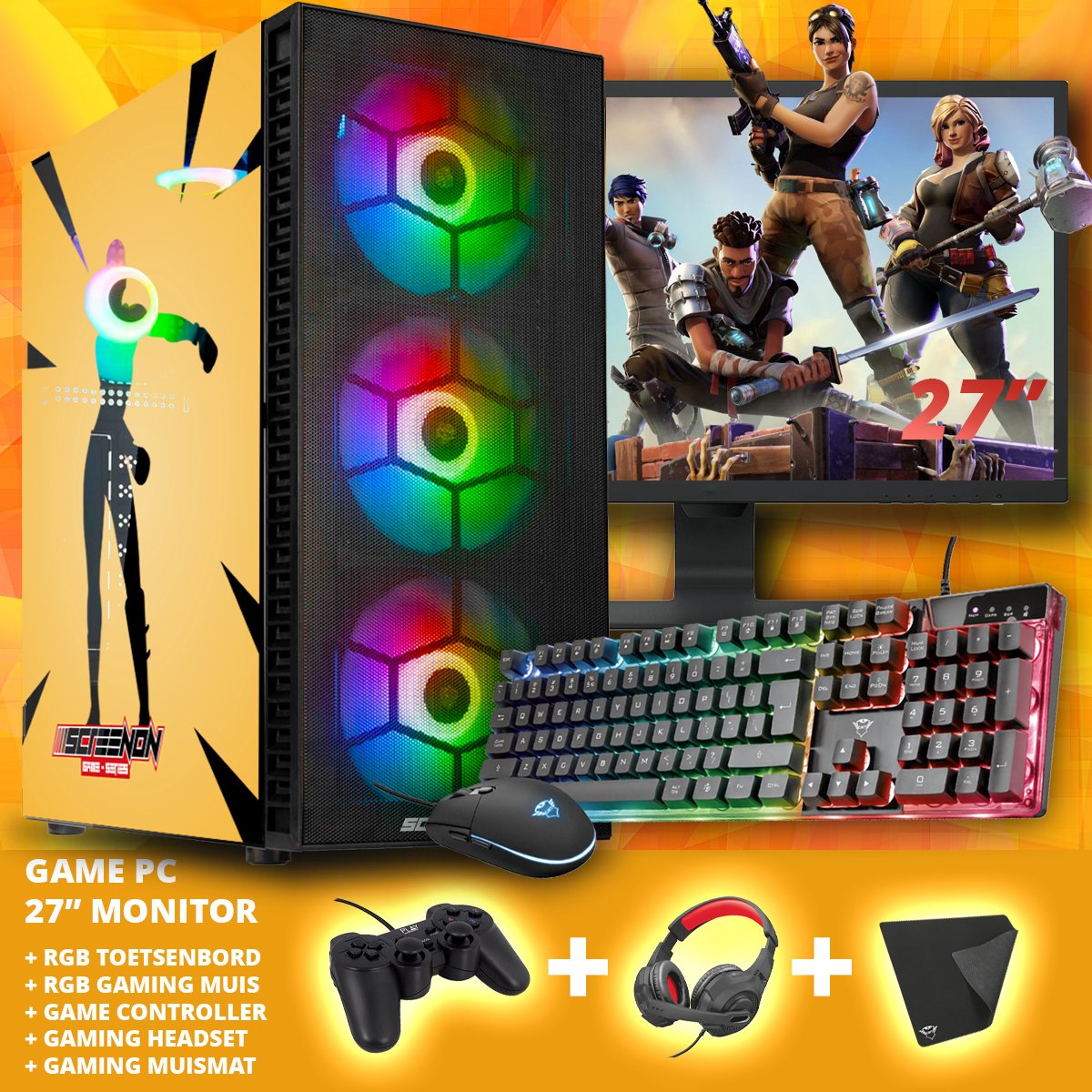 ScreenON - Complete Fortnite Gaming PC Set - X18899 - V2 ( Game PC X18899 + 27 Inch Monitor + Toetsenbord + Muis + Controller )