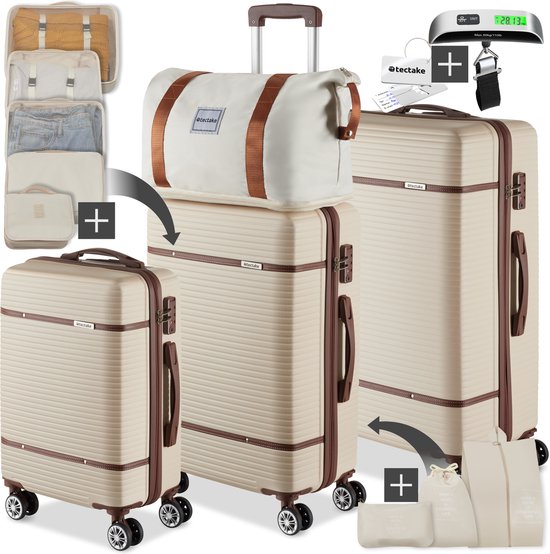 tectake® Kofferset - 13-delige Reisset - Koffers - Koffer set - Bagageset Inclusief Handbagage Koffer, Ruimbagage Koffer Groot, Reistas, Toilettas, Accessoiretas - Trolley met TSA slot - Creme
