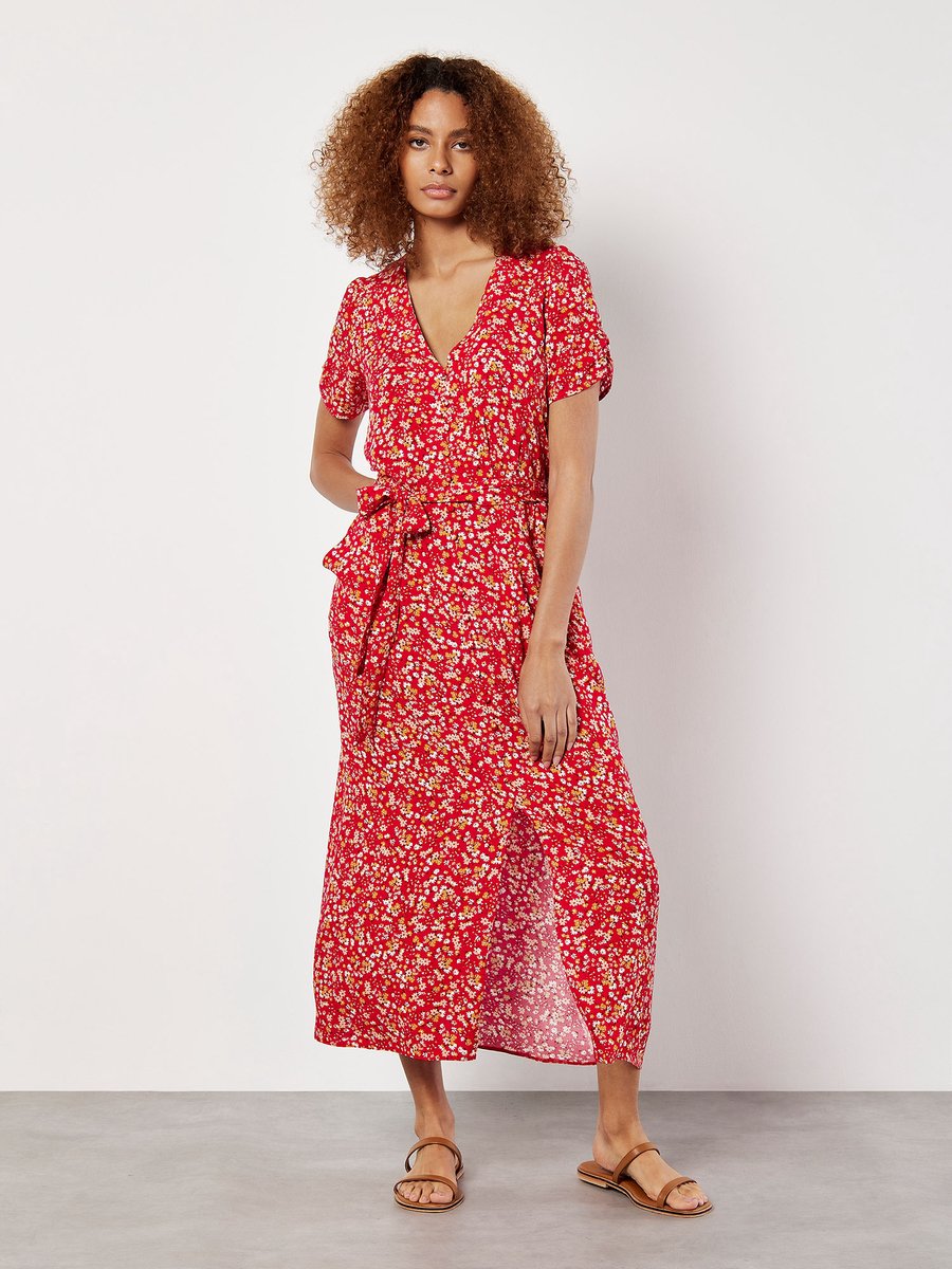 Midi-jurk met sierknopen en speels bloemenmotief