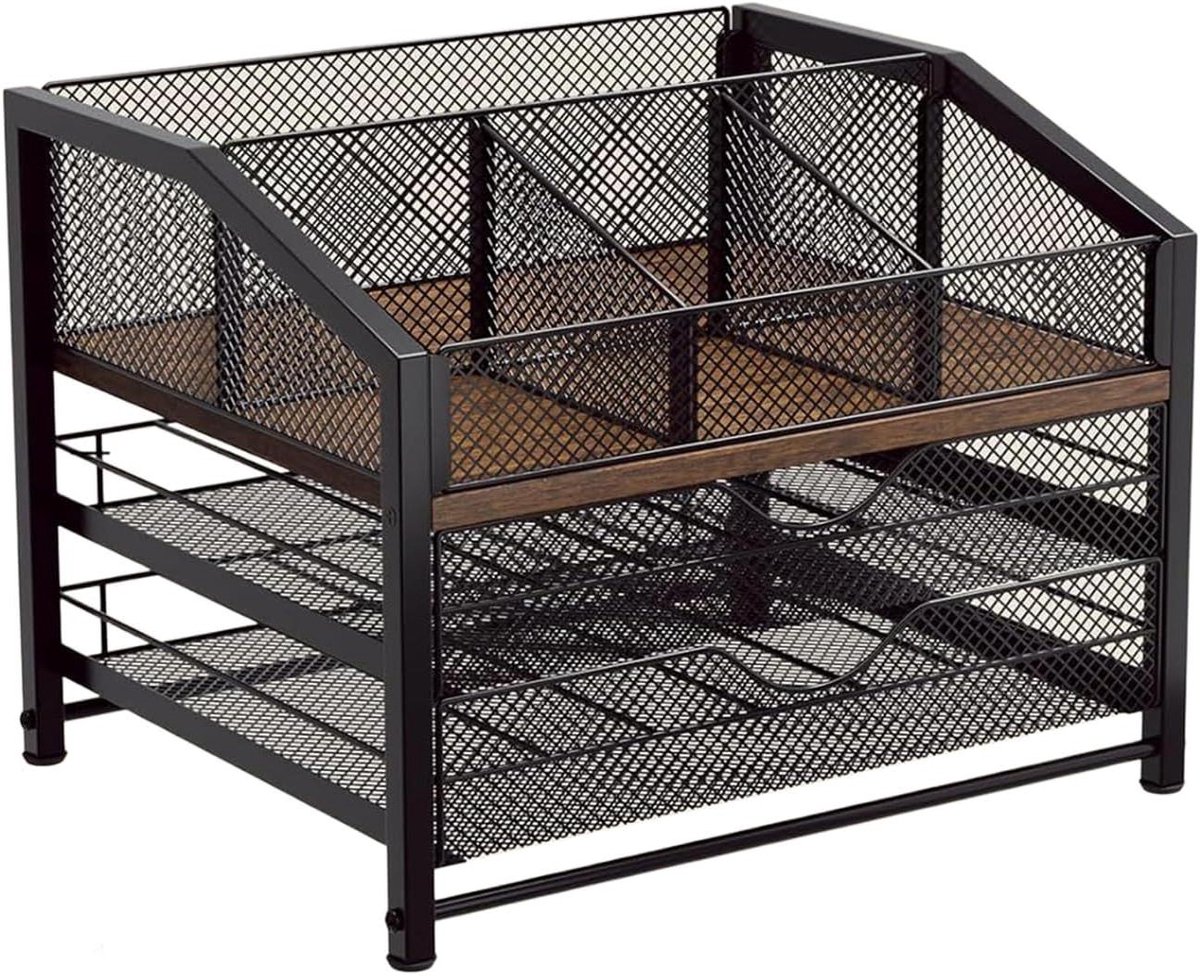 Koffiecups Houder - Opbergrek Lade - Koffie Station - Massief Houten Frame - 38 x 31 x 14 cm - Zwart