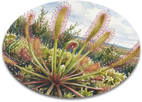 Ronde muismat met Lange Zonnedauw (Drosera anglica). Botanische aquarel natuurtekening van vleesetende planten in veenmoeras. Bijzondere flora illustratie voor op het bureau of de werkplek. Aquarel Series - 22x22 cm.