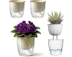 KZQ Zelfwaterende Bloempot 10cm Set van 4 Stuks, Doorzichtige Plantenbak met Reservoir en Lontsysteem, Geschikt voor Binnenplanten zoals Vetplanten, Kruiden, Cactus en Orchideeën