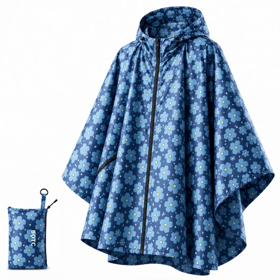 Donkerblauwe poncho met bloemenprint, inclusief opbergzakje.