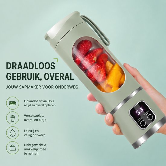 HomeGoodies - Smoothie maker - Blender - Mixer - Blender to go - 450 ml - Groen - Draagbare mini mixer -Draadloos - USB oplaadbaar van homegoodies — afbeelding 2