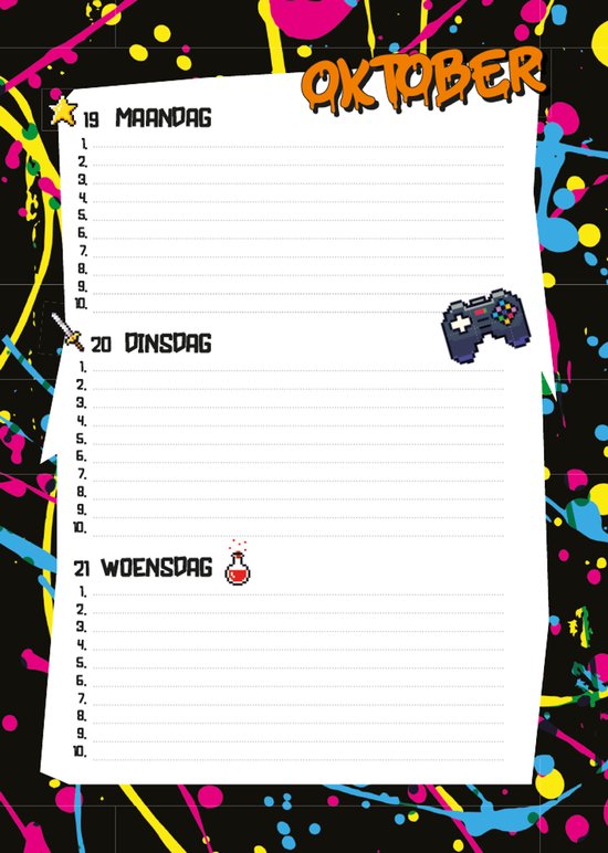 Agenda met kleurrijke spetters en een pixel gamecontroller. Tekst: OKTOBER, MAANDAG, DINSDAG, WOENSDAG.